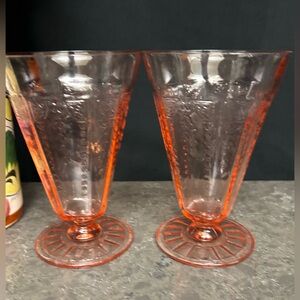 2 pink depression glass tumblers. Princess Pattern.